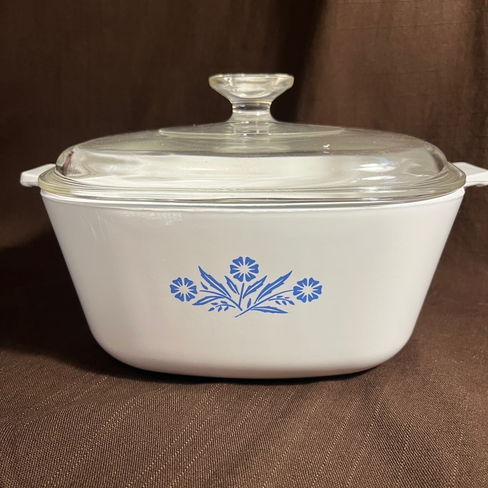 Corningware White Casserole Dish with Blue Floral Design